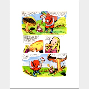 The Funny Alice offers mushrooms to Santa Claus for a hallucinogenic and phicoldelic Christmas Retro Vintage Comic Posters and Art